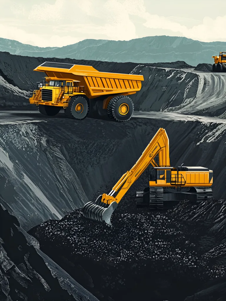 卡通风格黄色矿用卡车挖掘机矿山工作场景插画（商业使用）